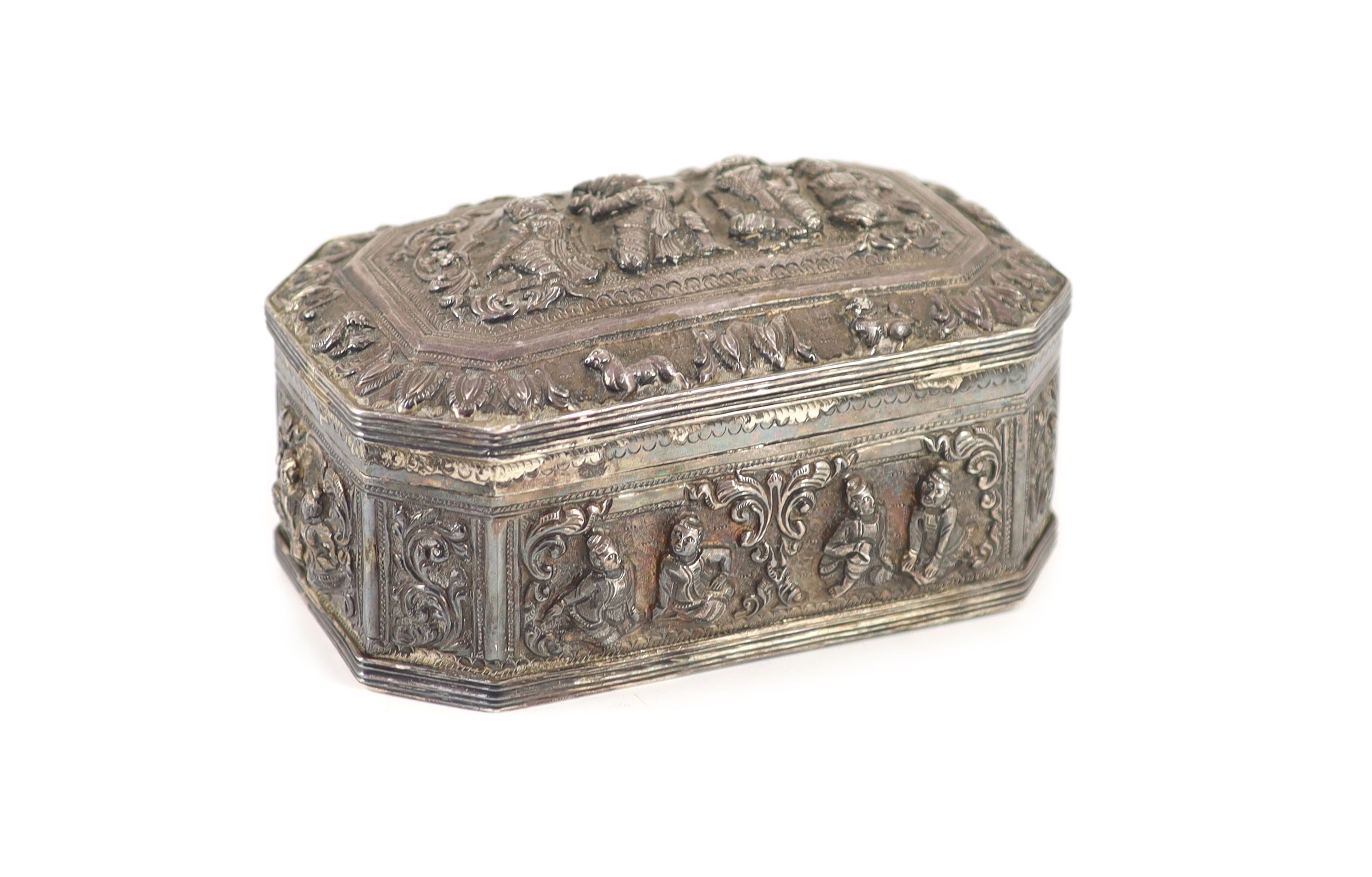 A Burmese embossed silver octagonal box and cover